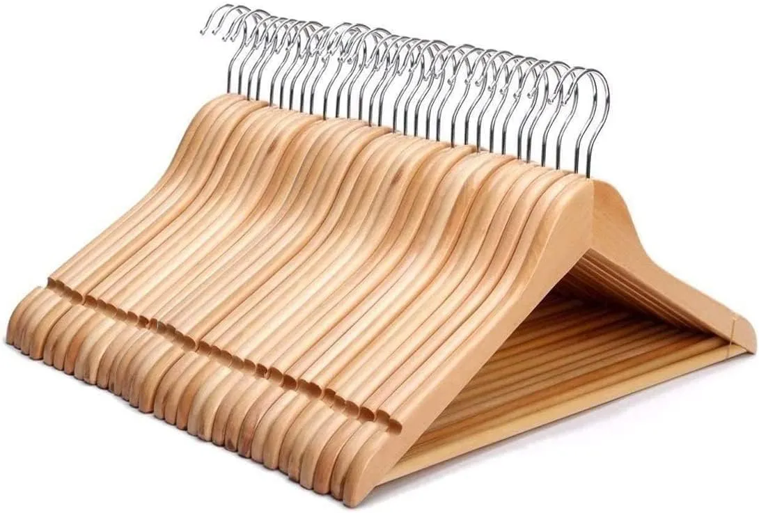 30pcs Natural Wooden Hangers - Premium Quality Clothes & Coats Hangers with 360° Swivel Hook and Contoured Shoulders