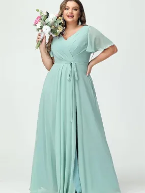 A Line Chiffon V-Neck Short Sleeves Floor-Length Bridesmaid Dresses With Slit