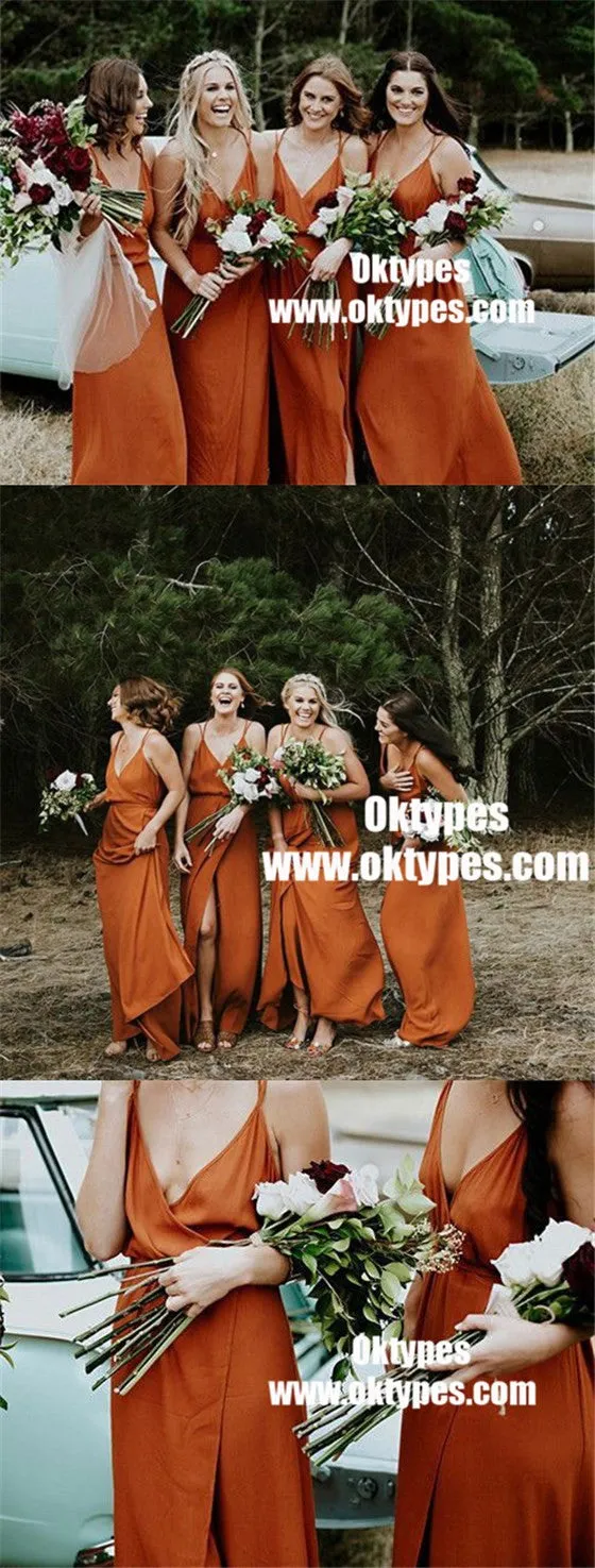 A-Line V-Neck Orange Chiffon Bridesmaid Dress with Split, TYP0873