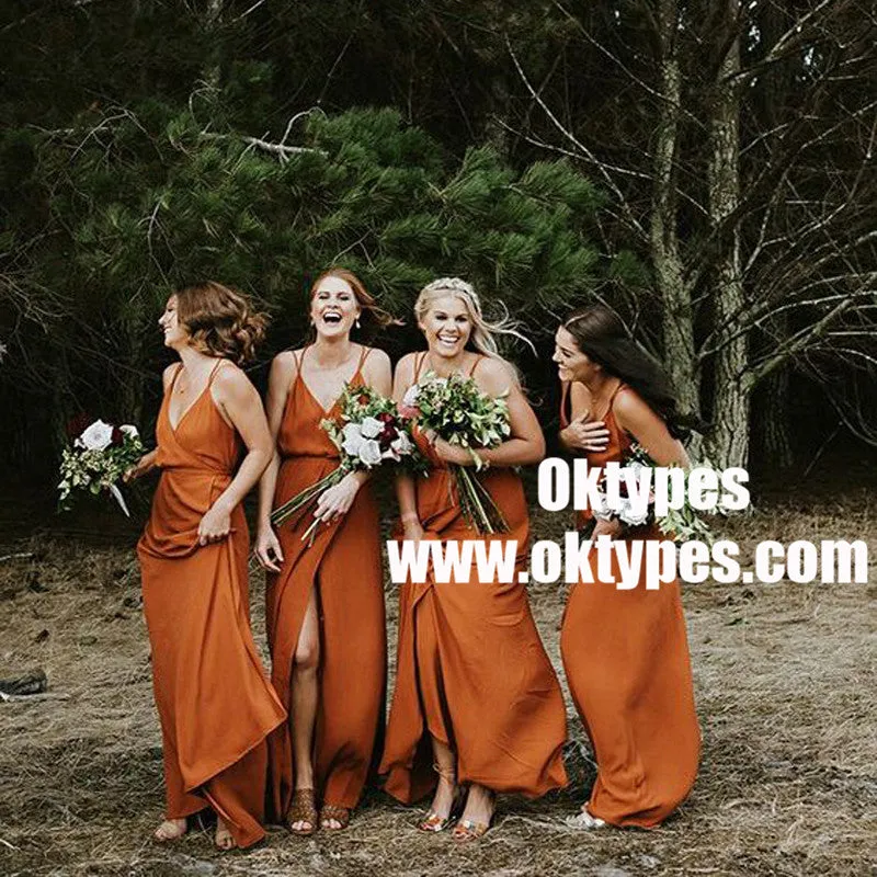 A-Line V-Neck Orange Chiffon Bridesmaid Dress with Split, TYP0873