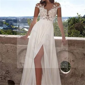 A-Line White Lace With Appliques, Side Slit Sexy Wedding Dresses, WD0124