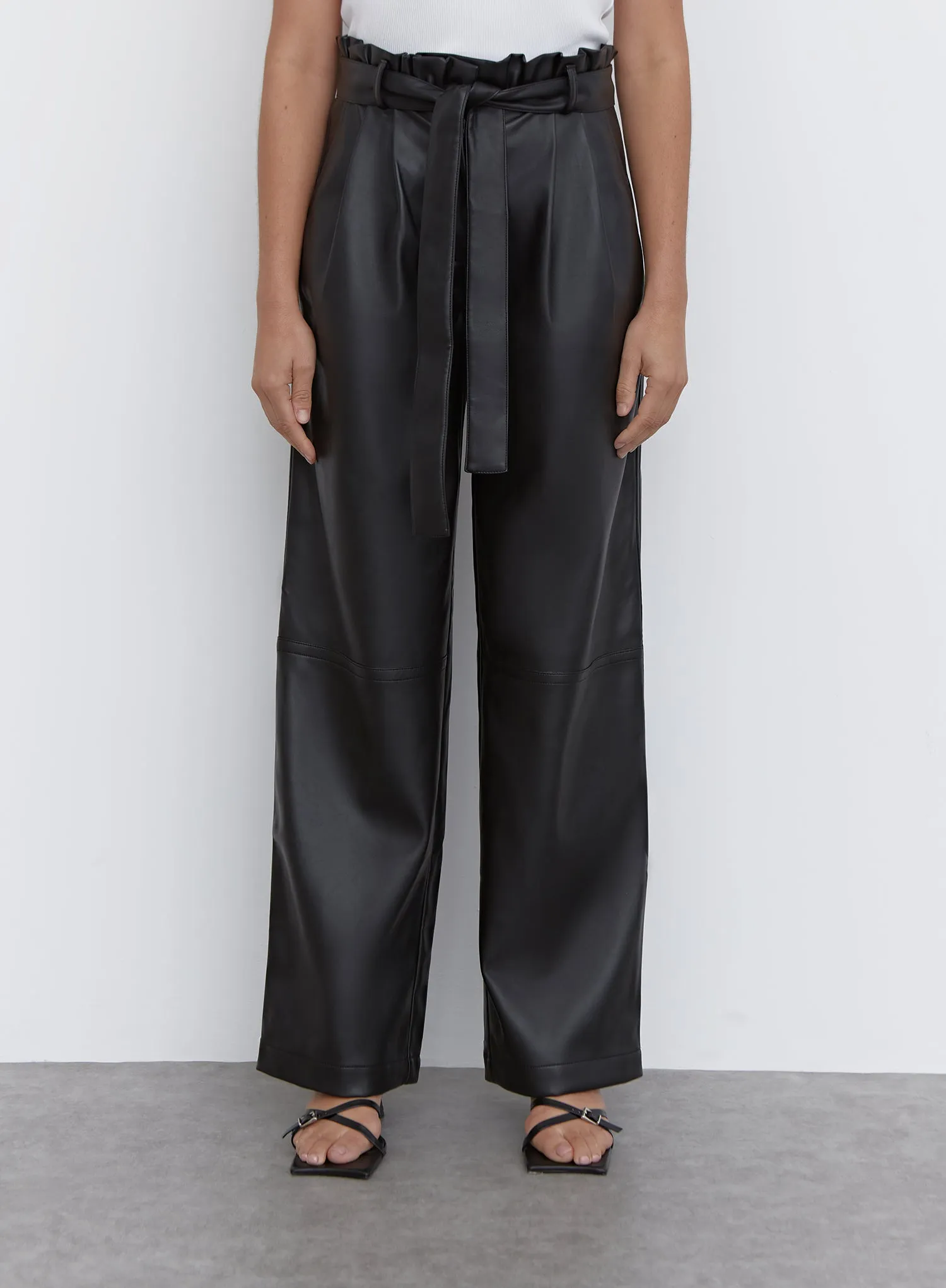 Black Faux Leather Paperbag Tie Waist Trouser - Marlow