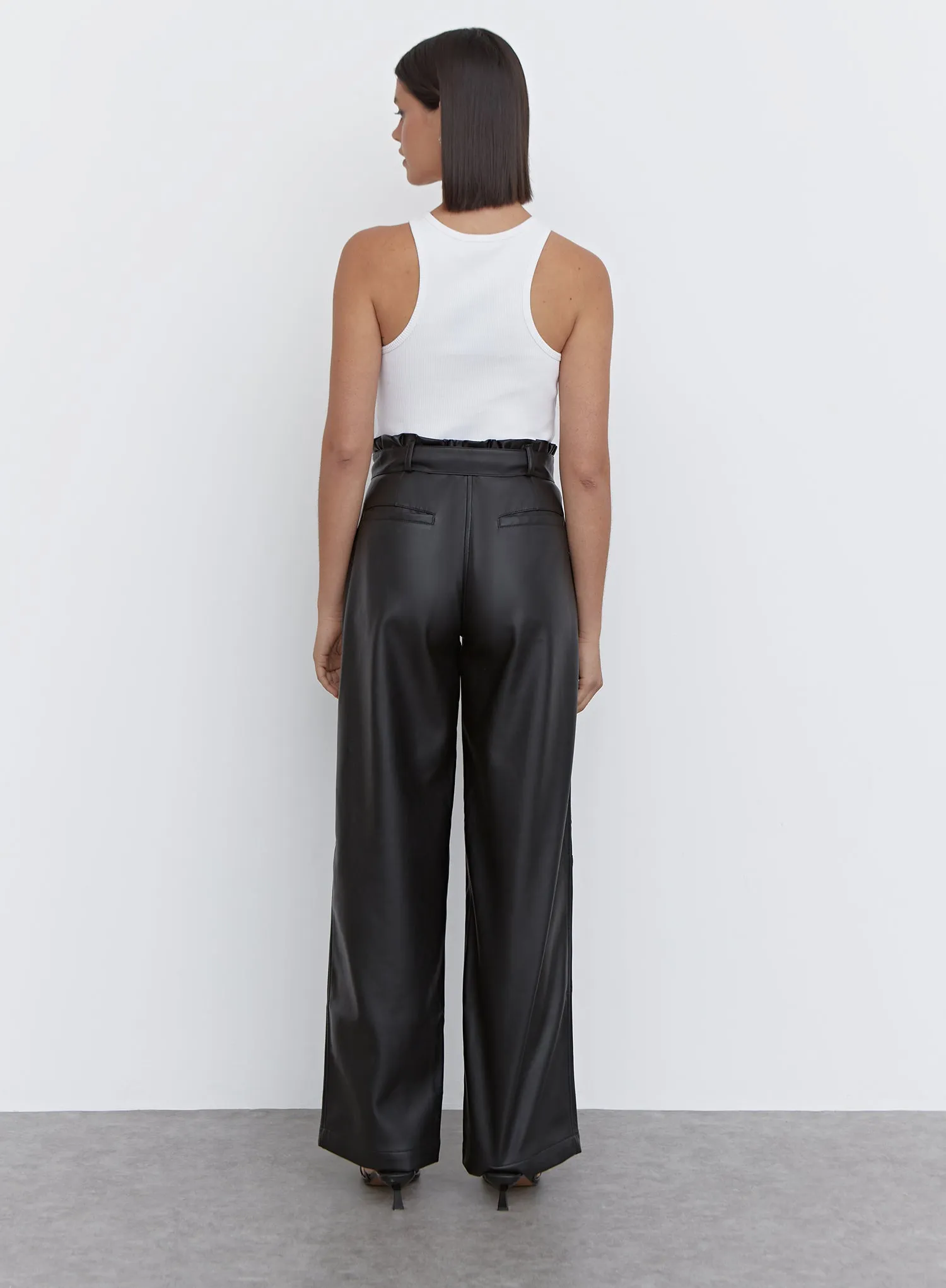 Black Faux Leather Paperbag Tie Waist Trouser - Marlow