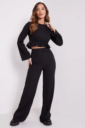 Black Frill Crop Top and Wide Leg Trousers Co-Ord