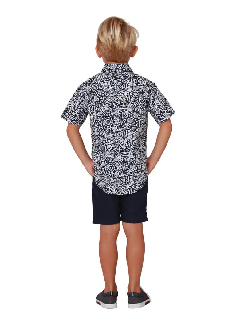 Boys cotton Hawaiian shirt in a primitive print