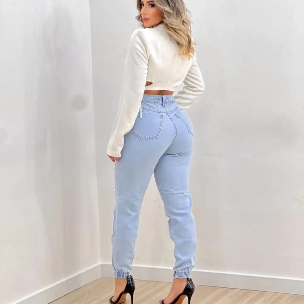 Calça Jeans Feminina Cintura Alta Levanta Bumbum Blogueira Pantalona Curta Jogger  Skinny