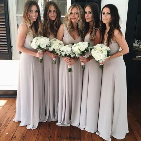 Cheap Simple Sleeveless V Neck Elegant A Line Light Grey Pleating Chiffon Long Wedding Party Bridesmaid Dresses, WG165