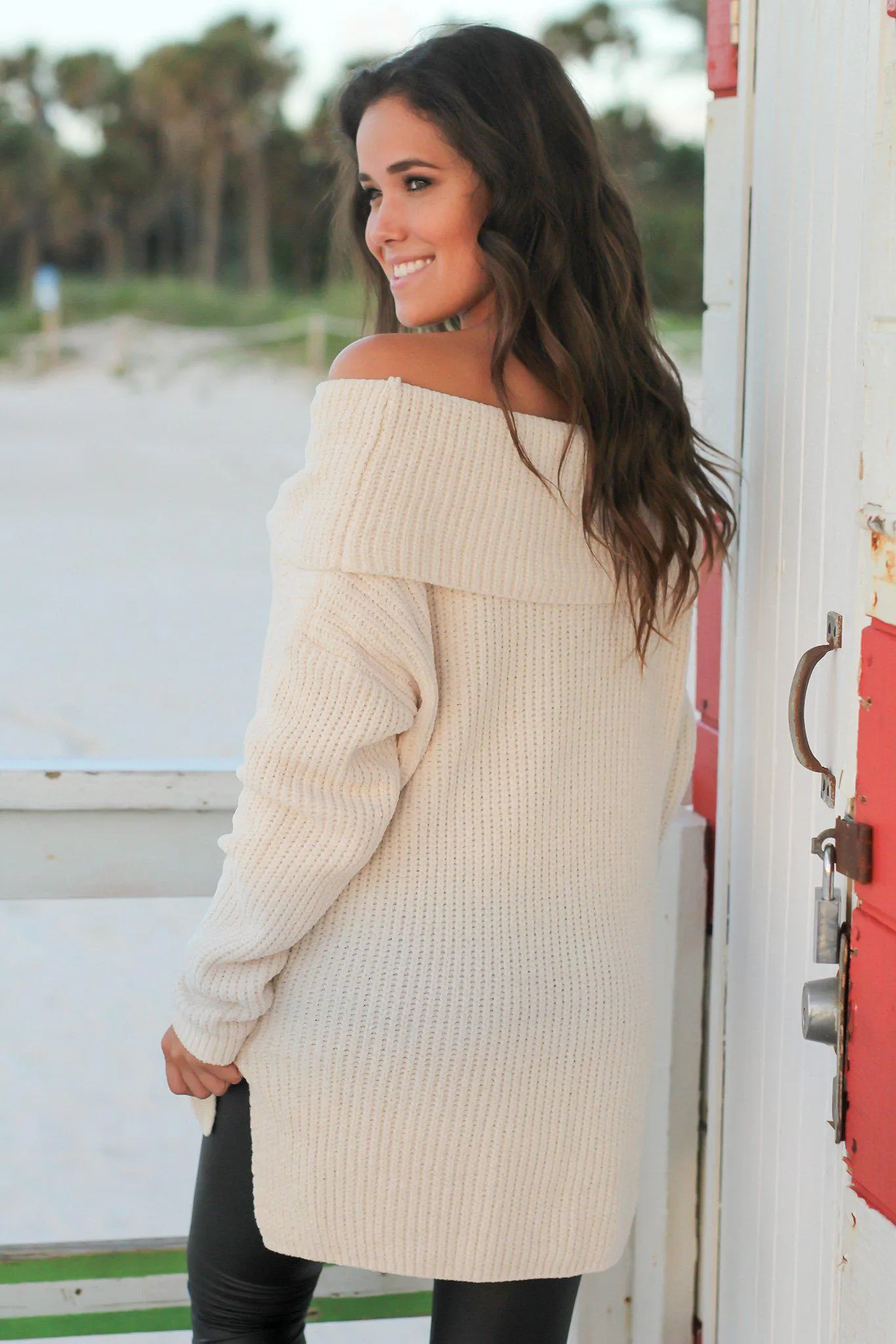 Cream Off Shoulder Knit Sweater