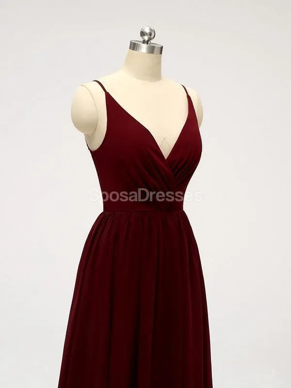 Dark Red Spaghetti Straps Chiffon Open Back Cheap Bridesmaid Dresses, WG584