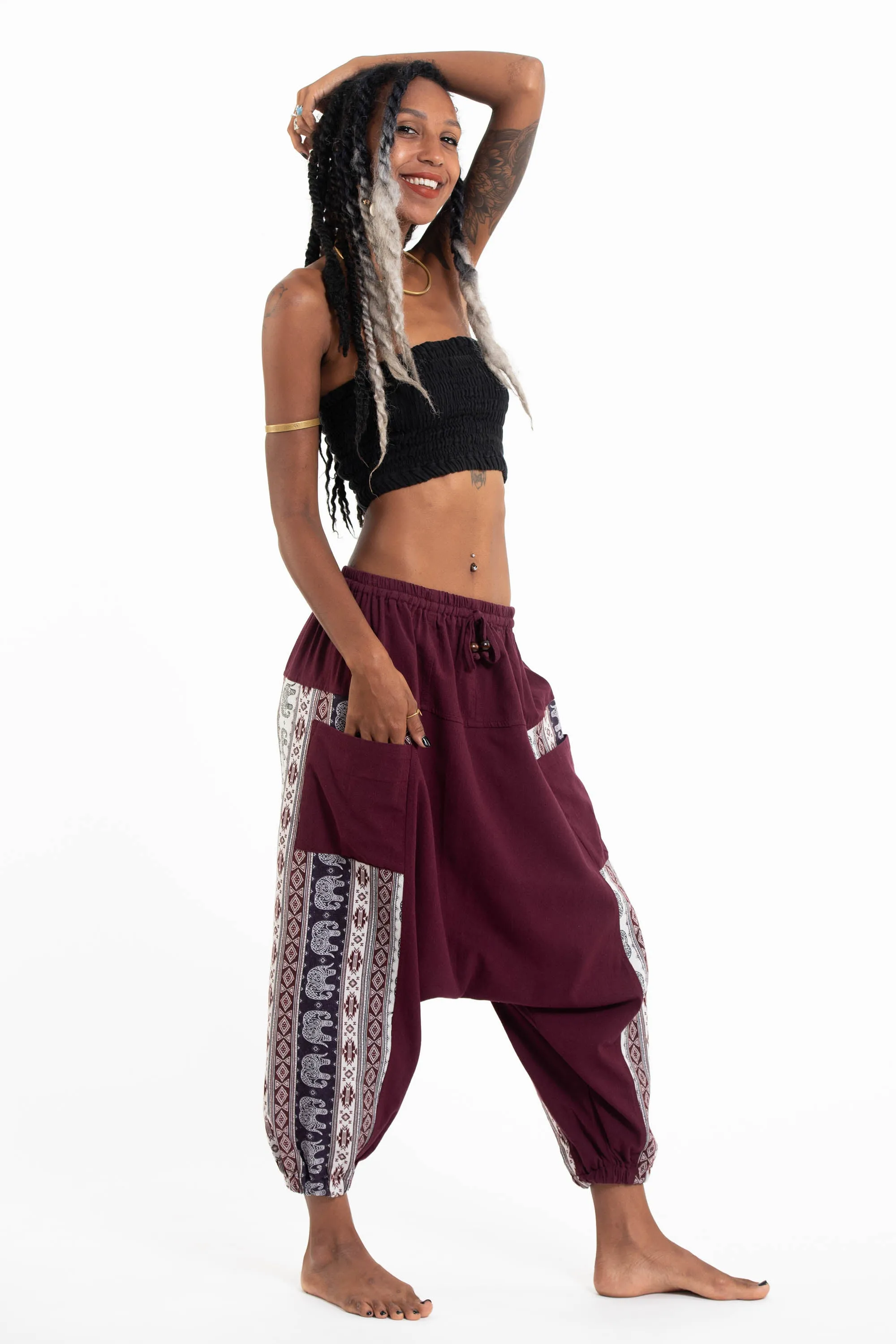 Elephant Aztec Cotton Women's Harem Pants in Burgandy