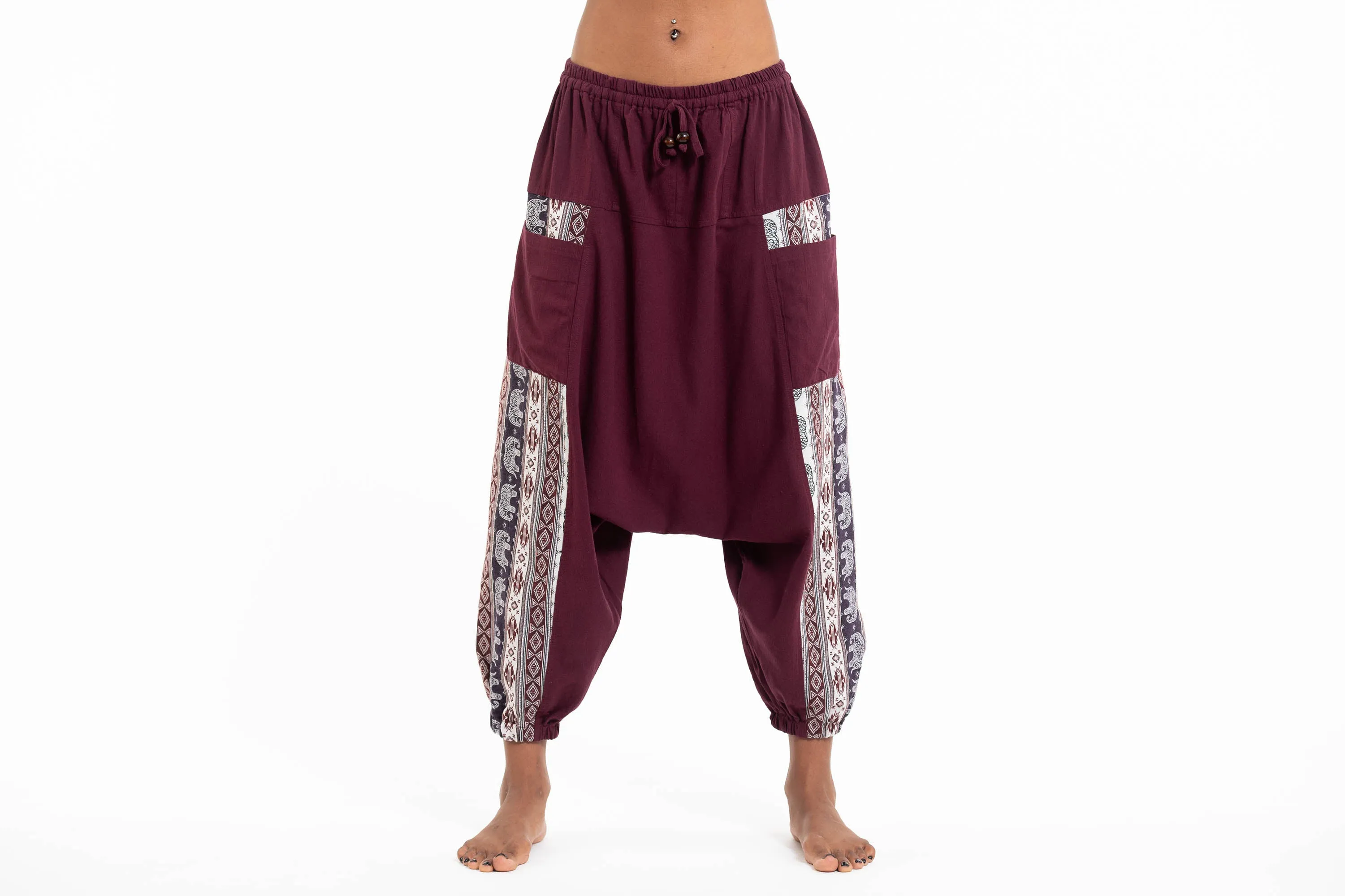 Elephant Aztec Cotton Women's Harem Pants in Burgandy