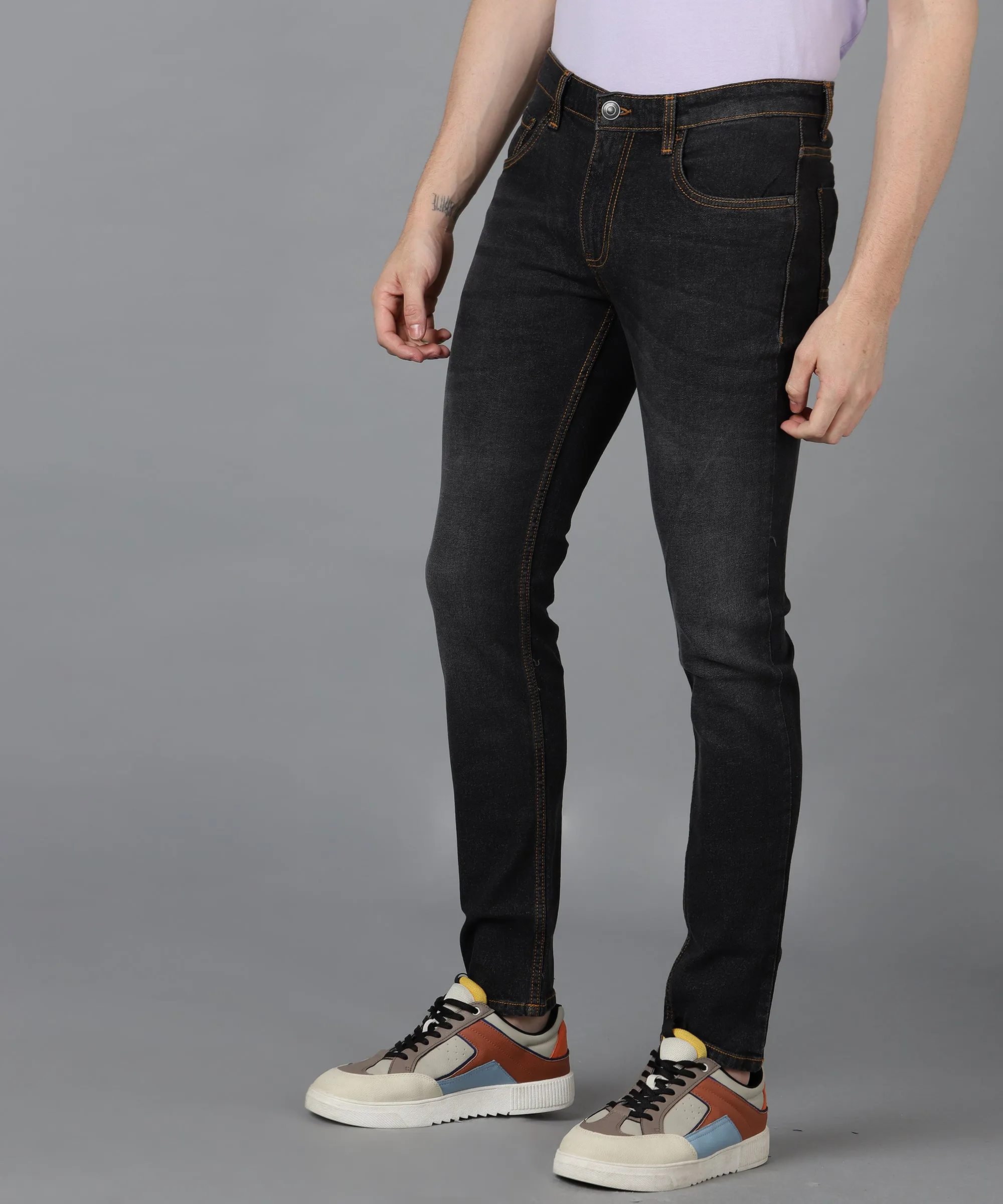 Men's Grey Slim Fit Washed Jeans Stretchable