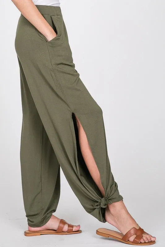 Olive Split Side Tied Hem Pants