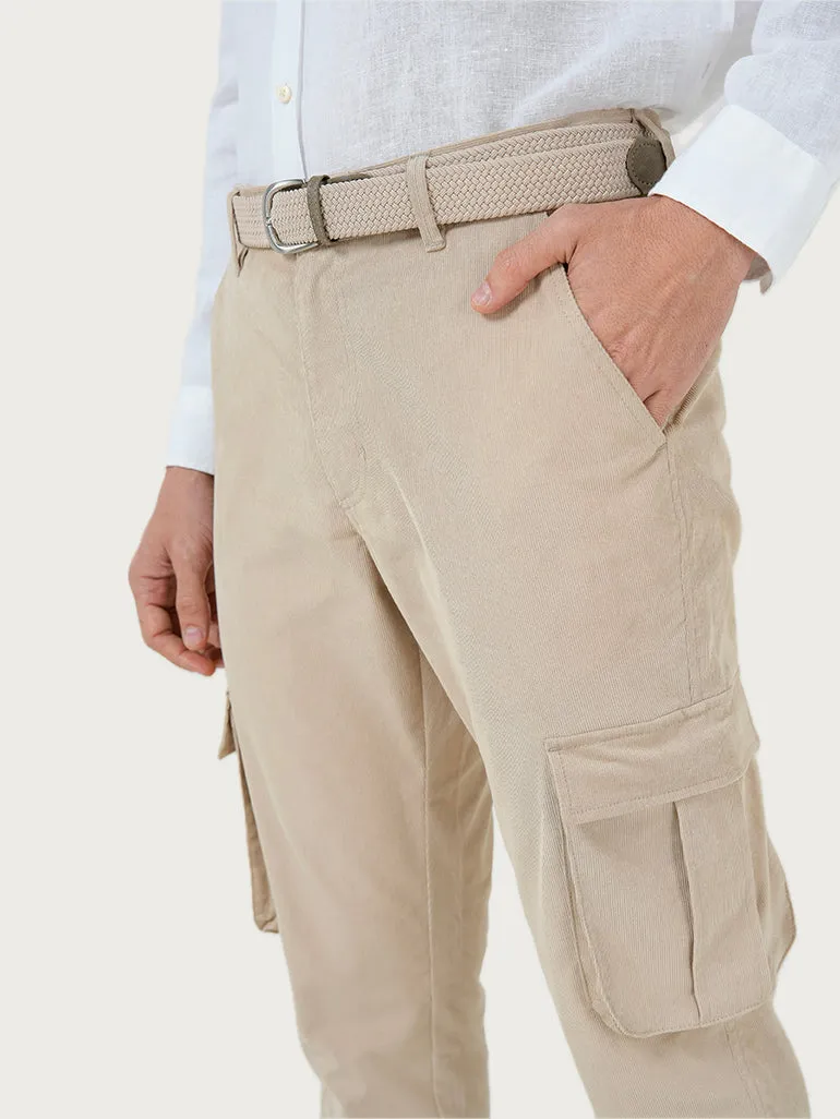 Sandy Beige Corduroy Stretch Cargo Pants (Ali Fazal x Elle)