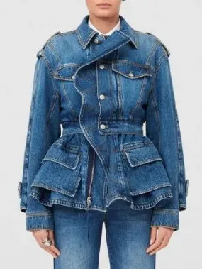 Women’s Blue Denim Tiered Peplum Jacket