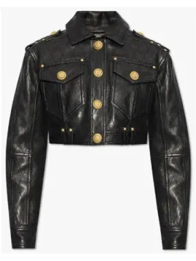 Women’s Cropped Leather Jacket with Gold Button Embellishments